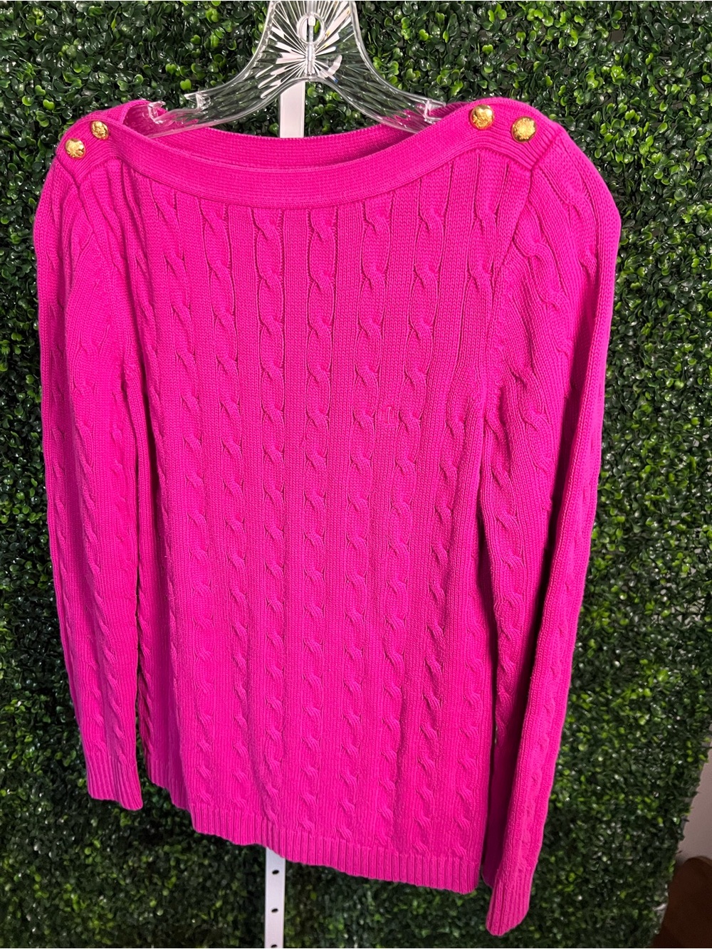 Ralph Lauren Cable-Knit Boatneck Sweater - Fuchsia with Gold Buttons